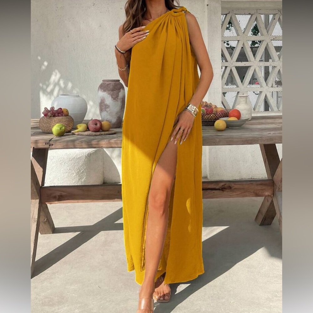 Elegant One-Shoulder Yellow Dress - Picture 16 of 16